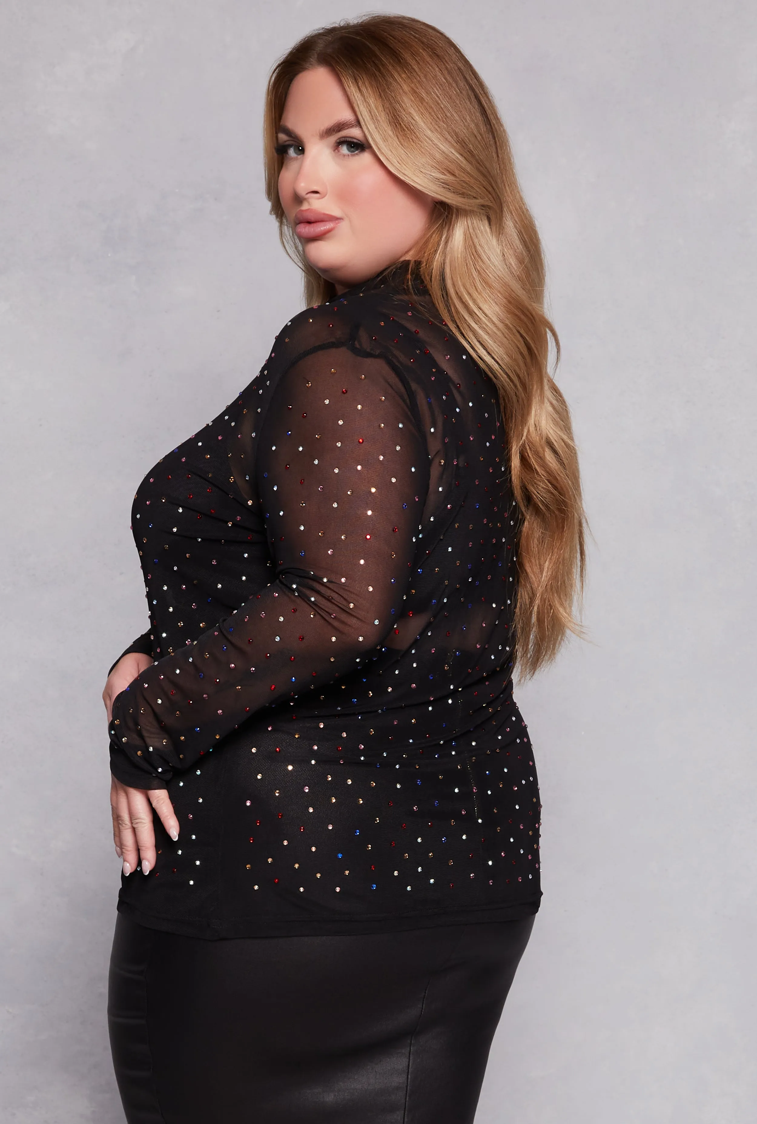 Plus Size Mesh Rhinestone Long Sleeve Top sold by Rainbow product image thumbnail 3