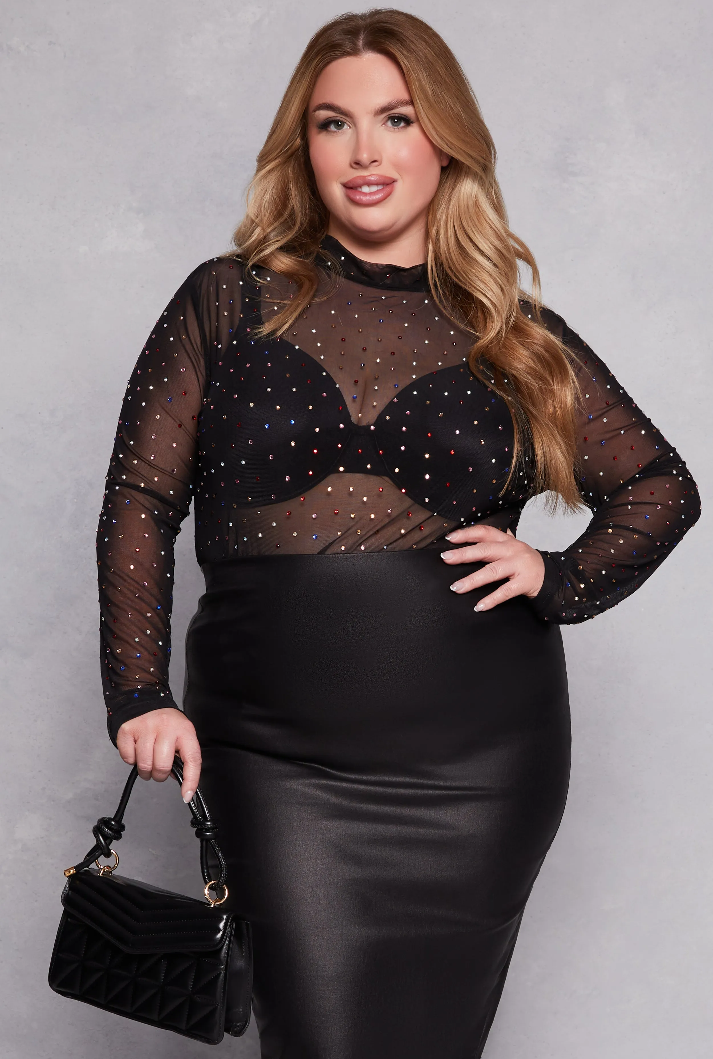 Plus Size Mesh Rhinestone Long Sleeve Top sold by Rainbow