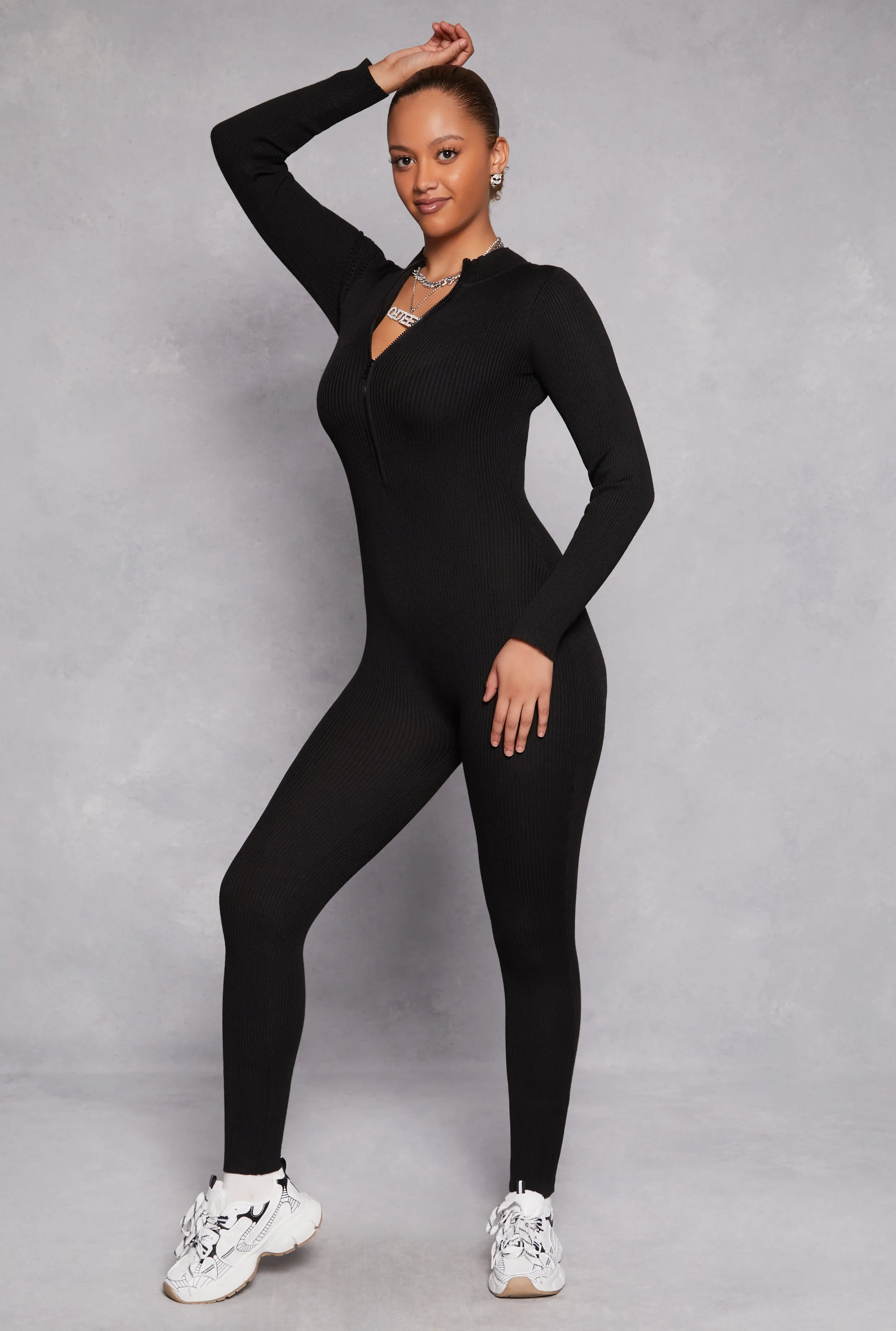 Ribbed Knit Zip Front Long Sleeve Catsuit sold by Rainbow product image thumbnail 2