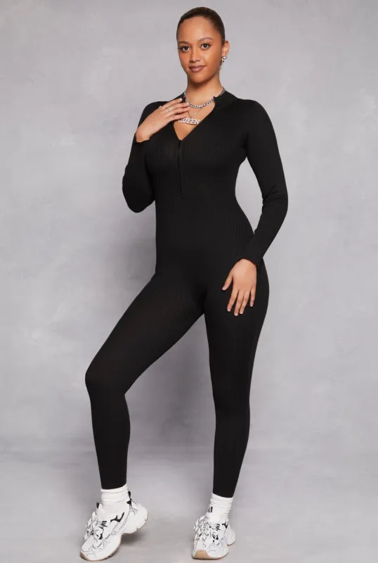 Ribbed Knit Zip Front Long Sleeve Catsuit sold by Rainbow
