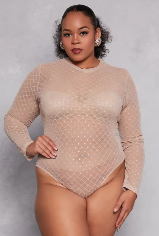 Plus Size Patterned Velvet Burnout Mesh Bodysuit sold by Rainbow