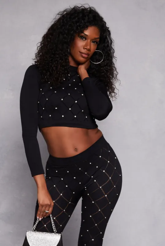 Laser Cut Detail Rhinestone Seamless Crop Top sold by Rainbow