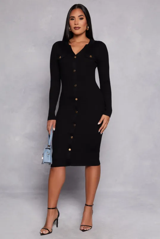 Ribbed Knit Button Detail Sweater Dress sold by Rainbow