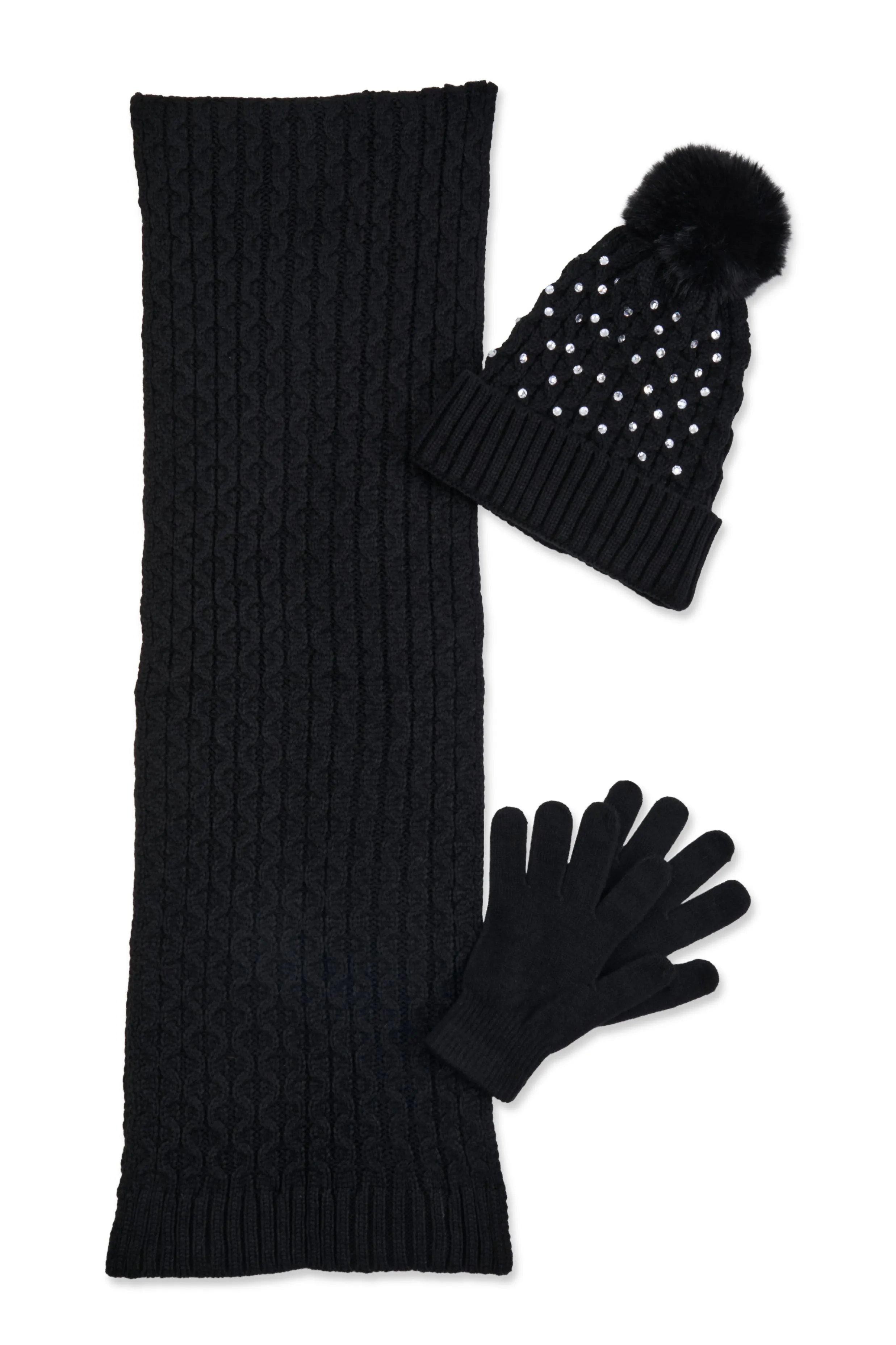 Rhinestone Beanie with Cable Knit Scarf and Gloves sold by Rainbow product image thumbnail 2