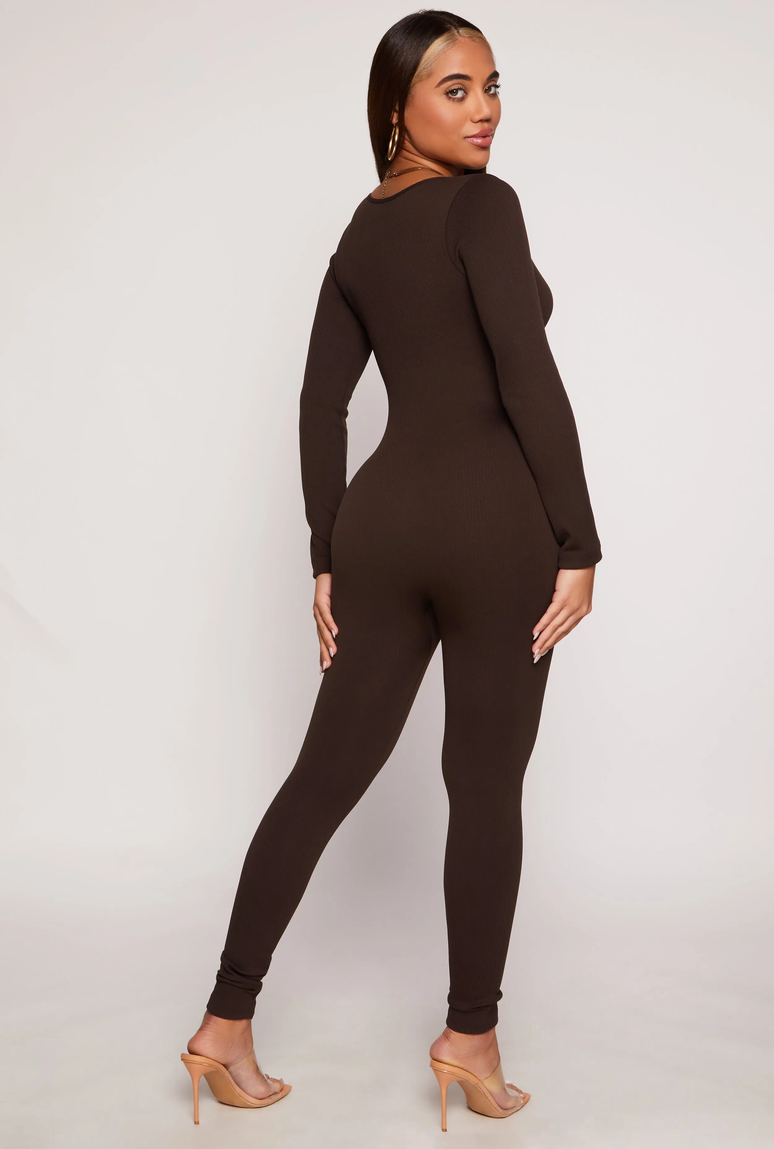 Ribbed Knit Notch Neck Long Sleeve Catsuit sold by Rainbow product image thumbnail 3