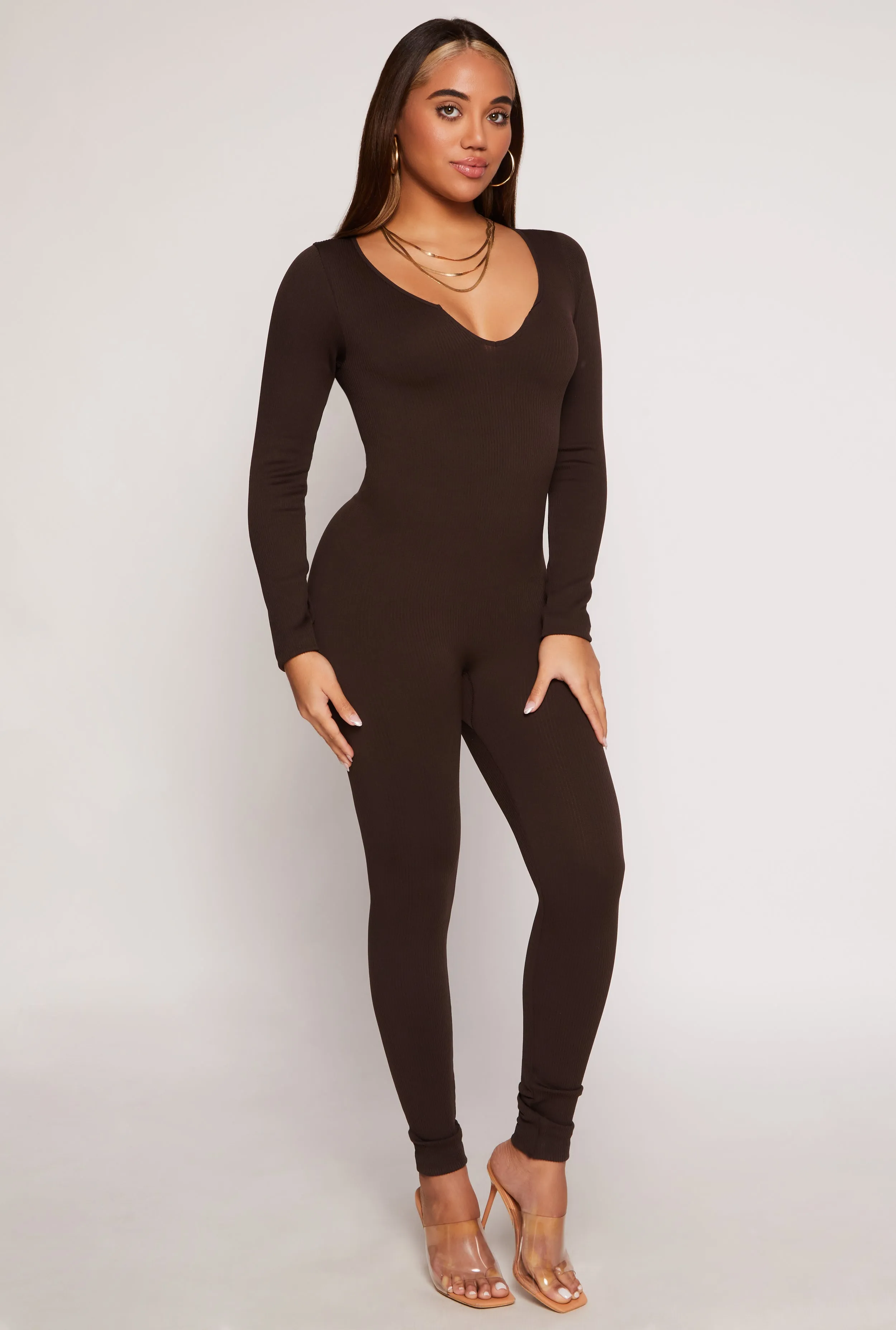 Ribbed Knit Notch Neck Long Sleeve Catsuit sold by Rainbow product image thumbnail 2
