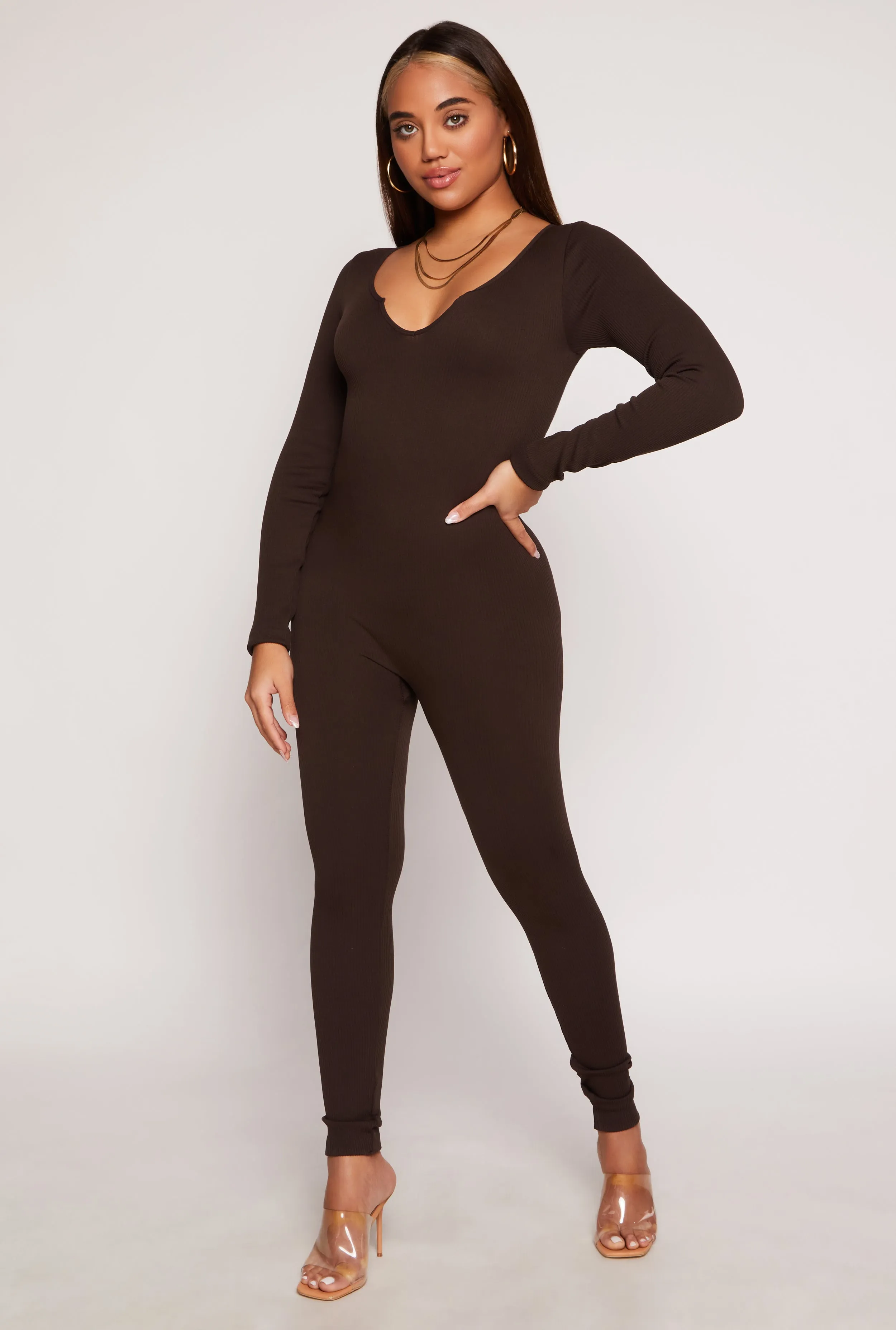 Ribbed Knit Notch Neck Long Sleeve Catsuit sold by Rainbow
