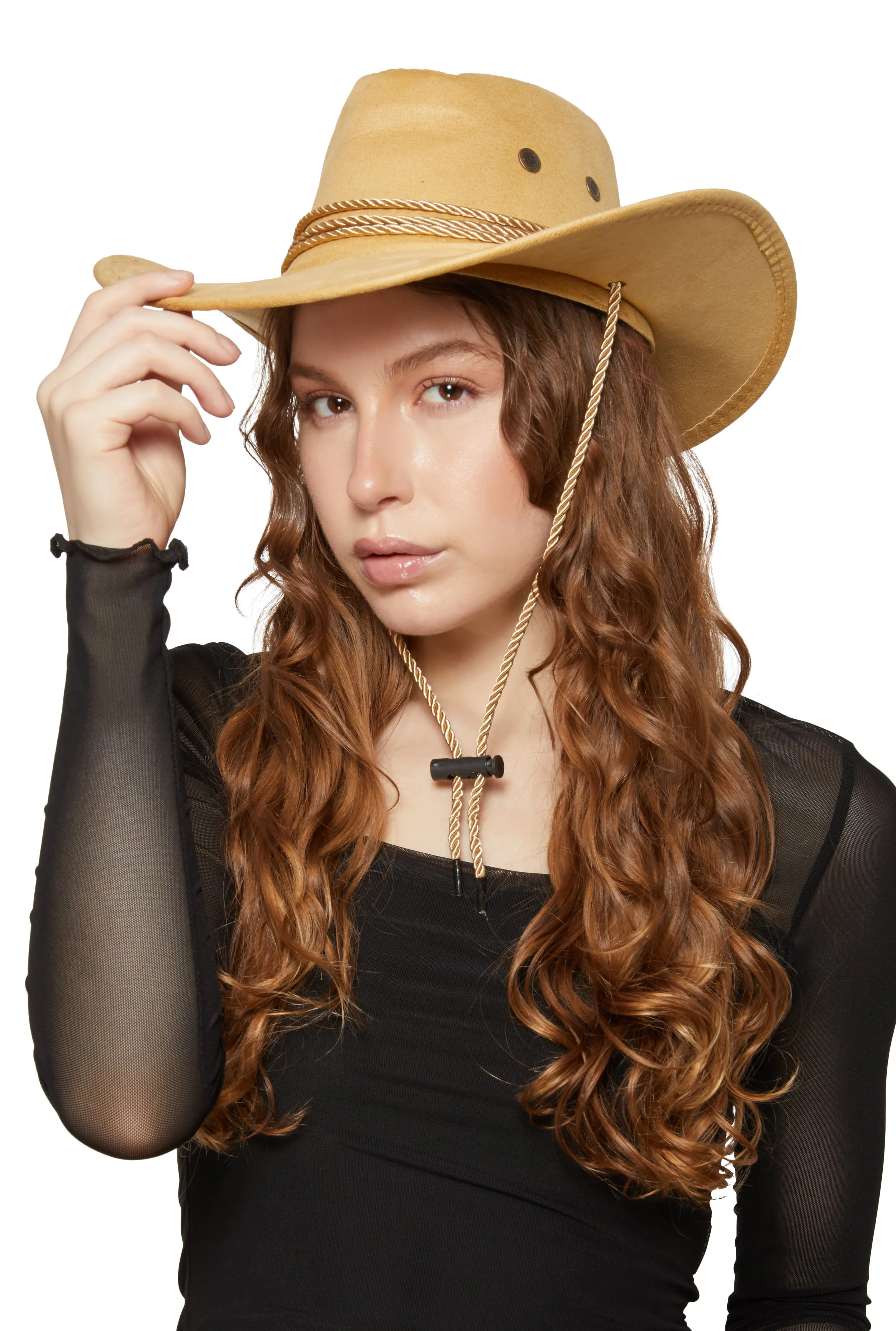 Faux Suede Chin Strap Cowboy Hat sold by Rainbow