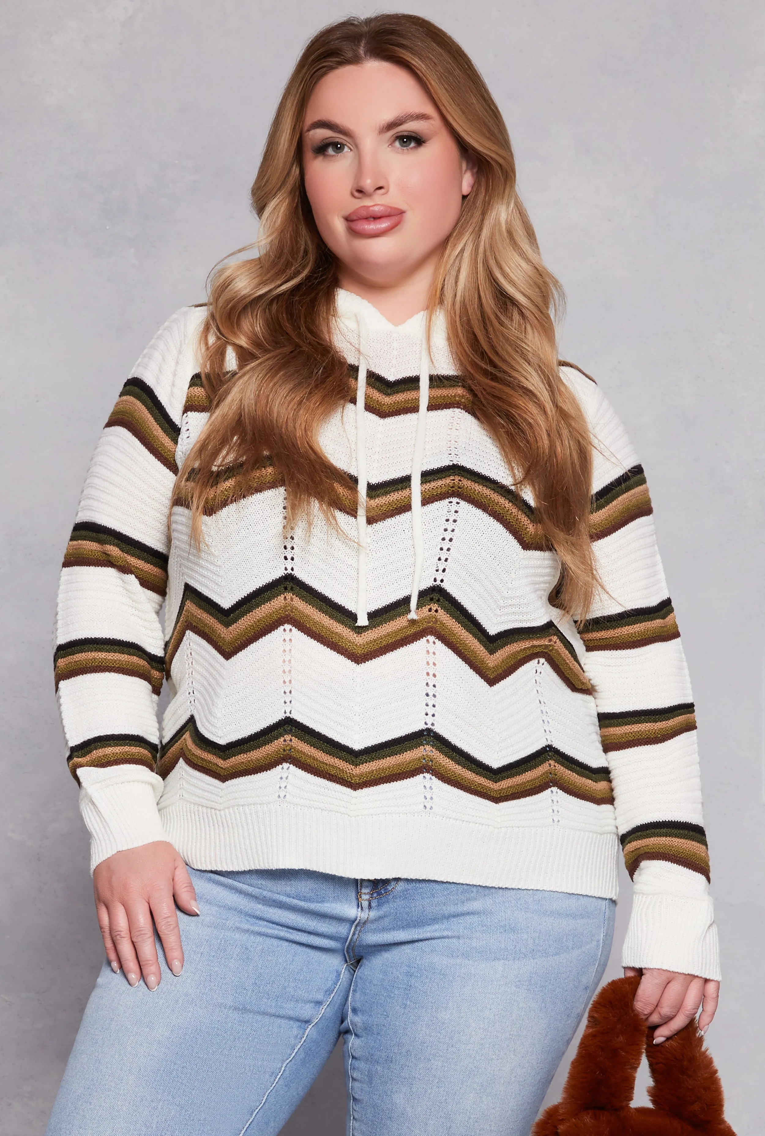 Plus Size Chevron Drawstring Hooded Sweater sold by Rainbow
