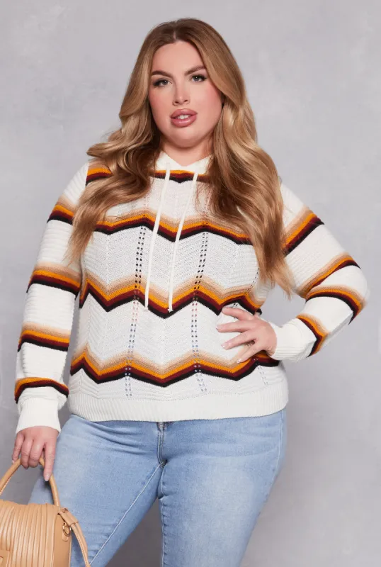 Plus Size Chevron Drawstring Hooded Sweater sold by Rainbow