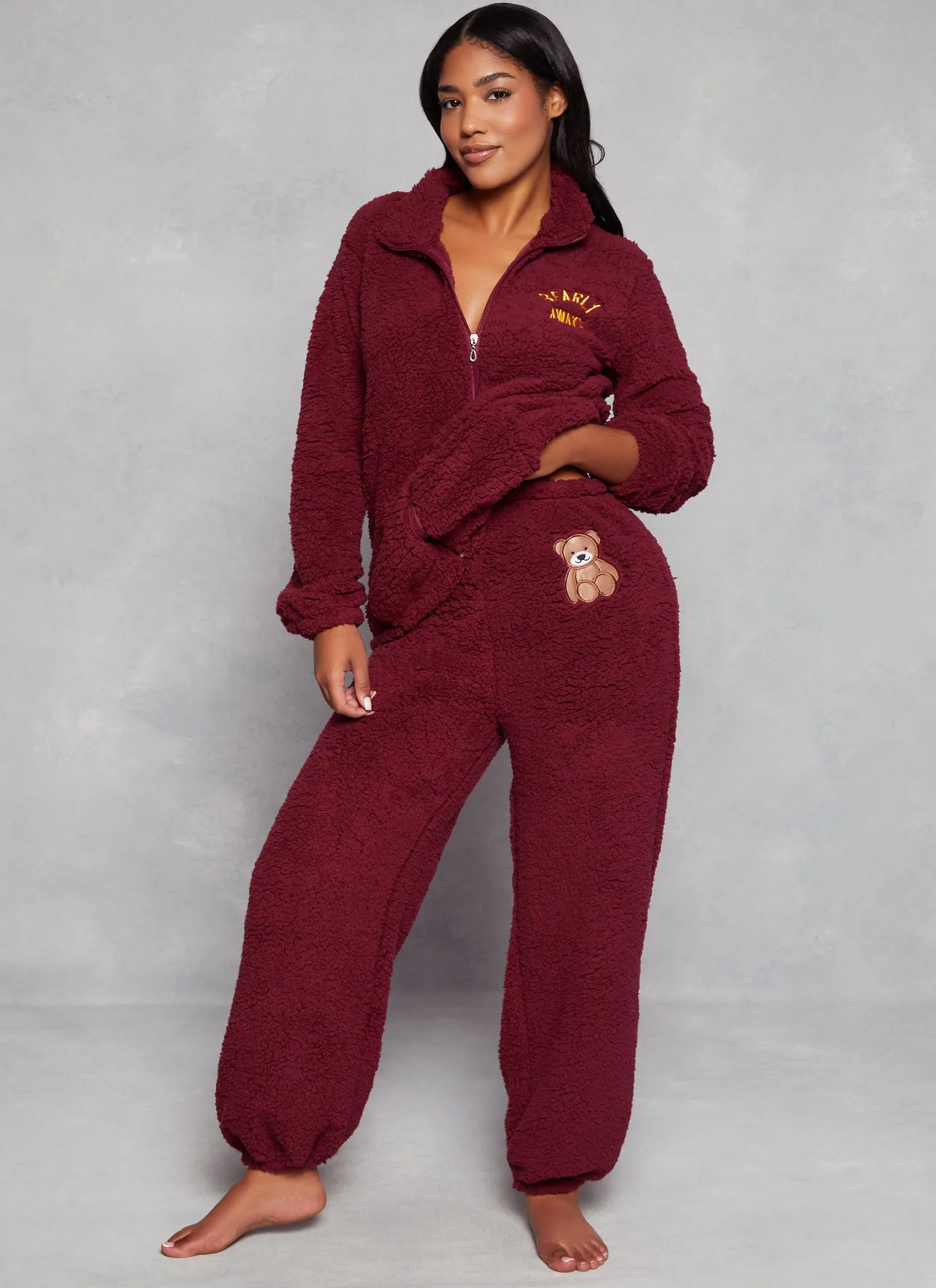 Bearly Awake Sherpa Zip Front Pajama Top and Pants sold by Rainbow