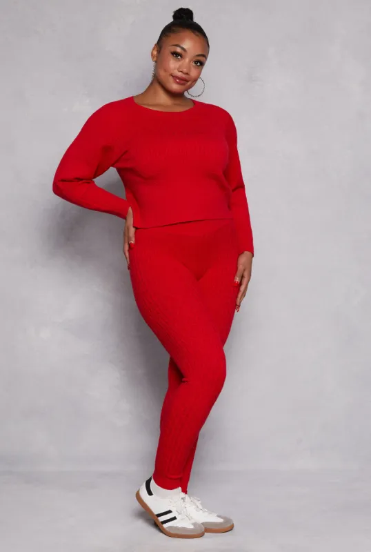 Plus Size Cable Knit Wide Waist Leggings sold by Rainbow