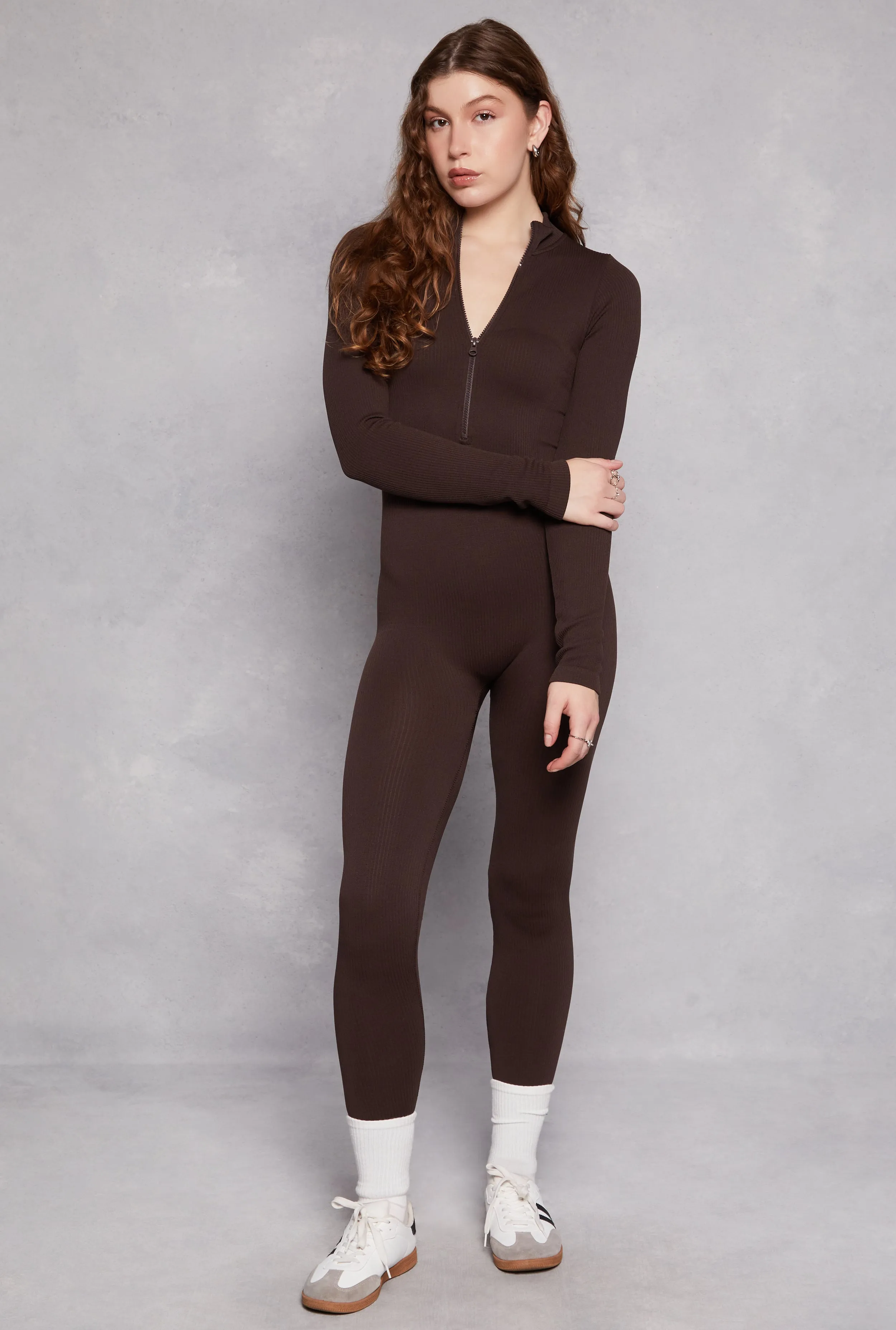 Ribbed Knit Half Zip Long Sleeve Catsuit sold by Rainbow