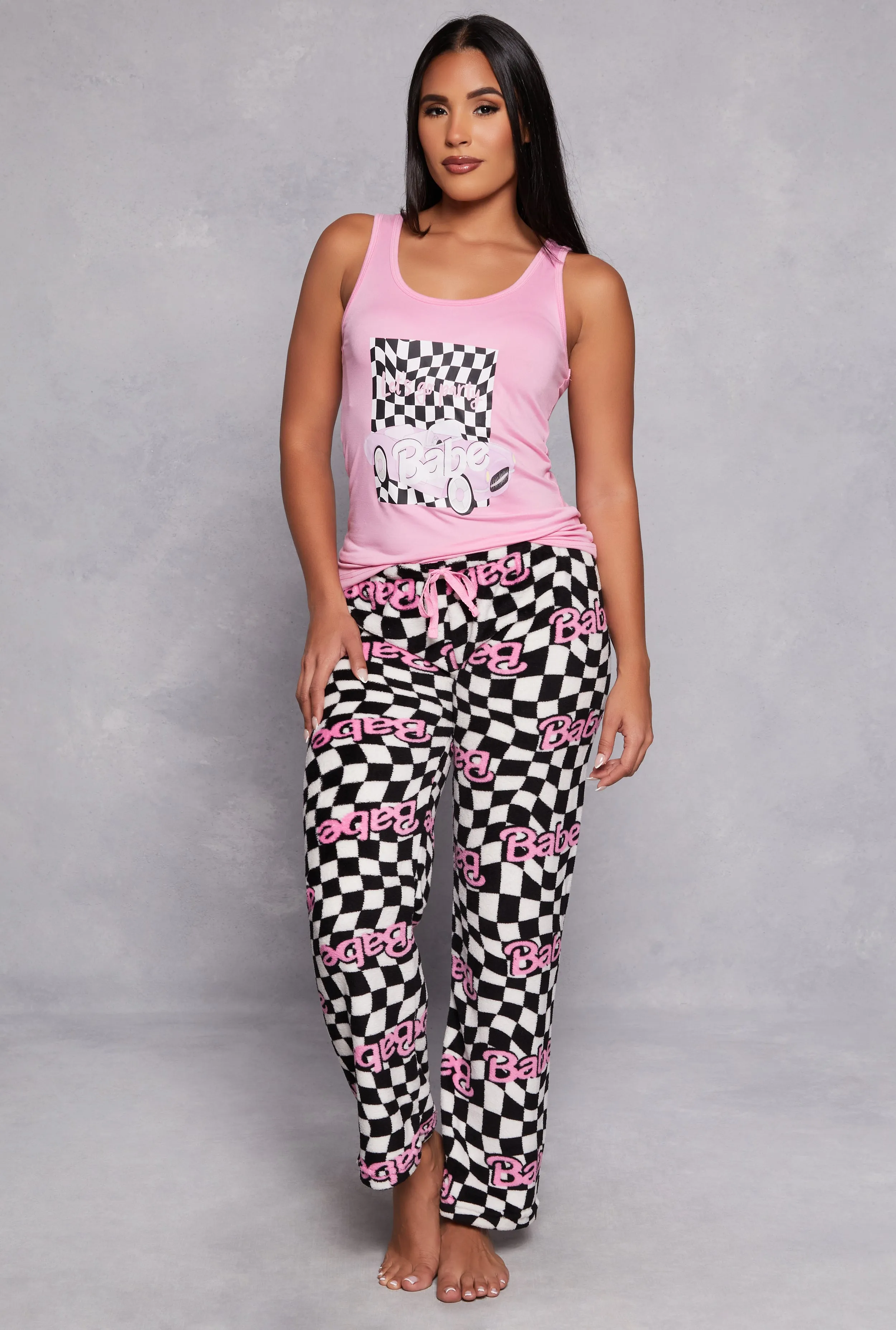 Babe Checkered Print Pajama Tank Top and Pants Set sold by Rainbow