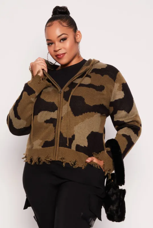 Plus Size Camo Zip Front Hooded Sweater sold by Rainbow