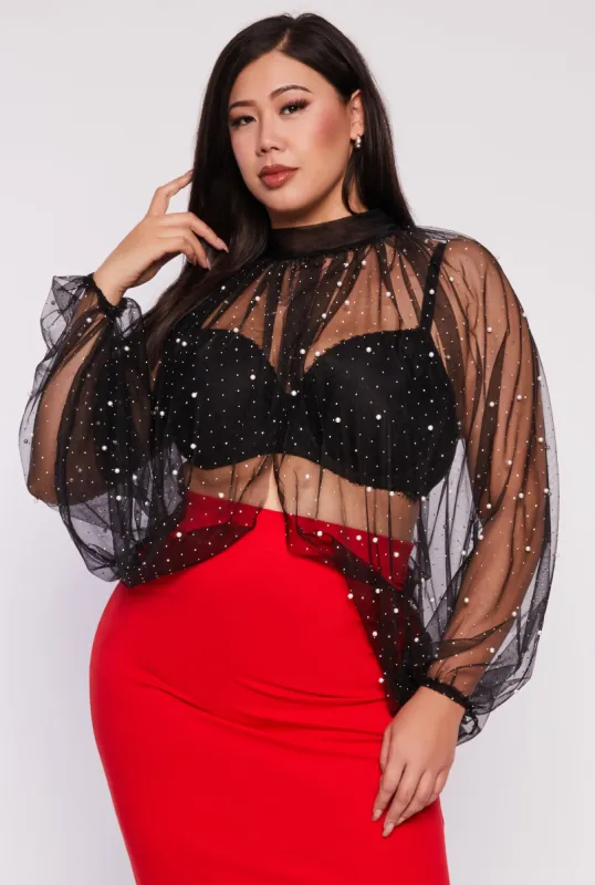 Plus Size Studded Bubble Sleeve Crop Top sold by Rainbow