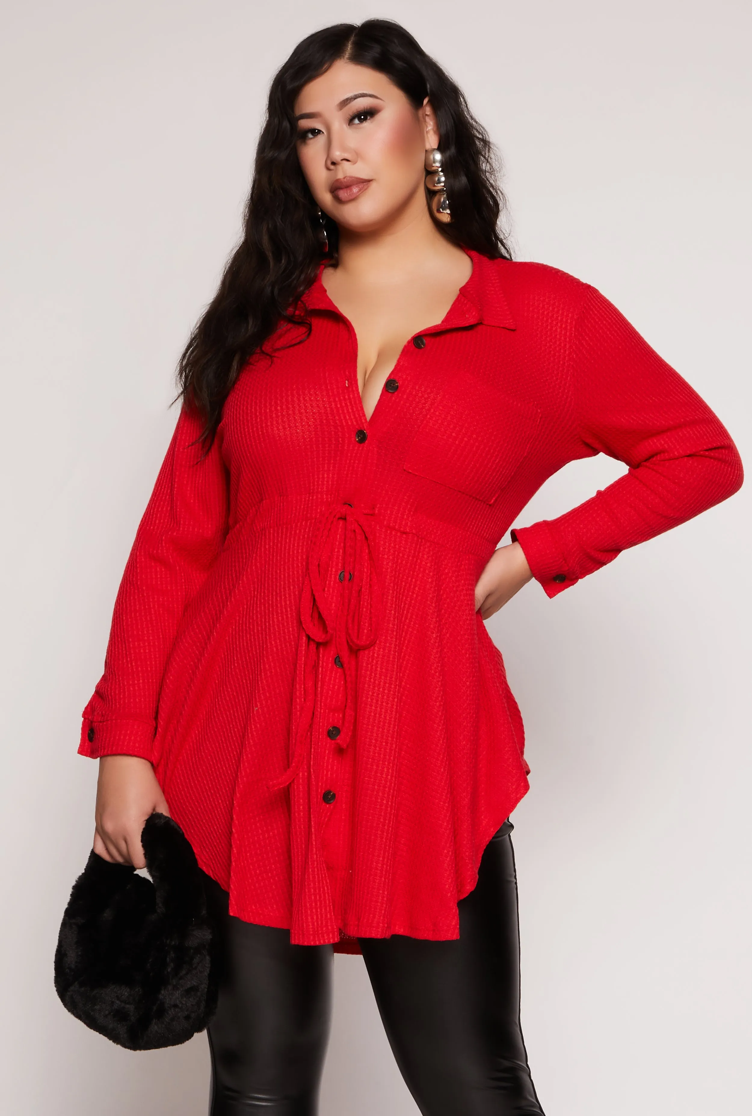 Plus Size Button Front Peplum Top sold by Rainbow