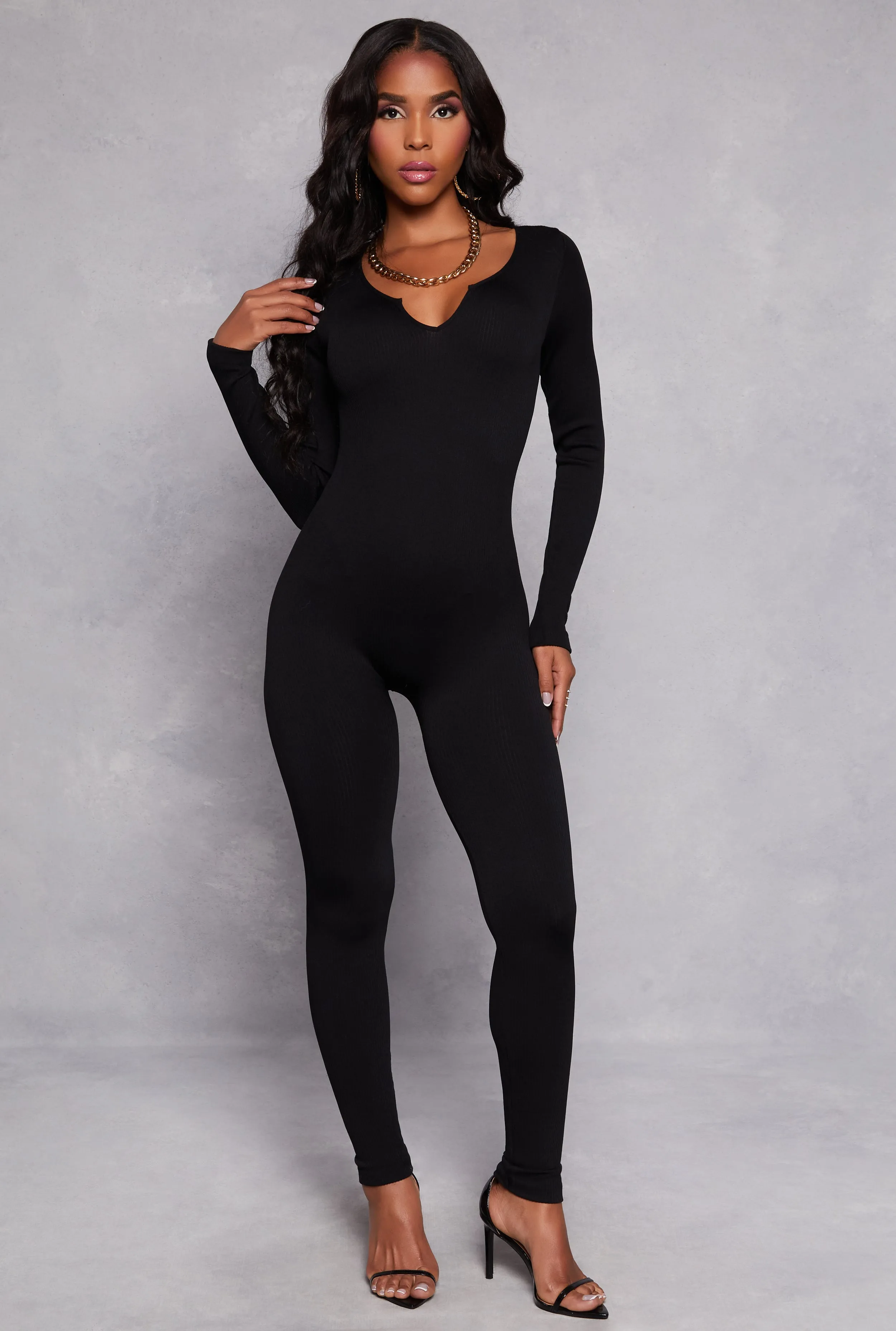 Ribbed Knit Notch Neck Long Sleeve Catsuit sold by Rainbow product image thumbnail 2