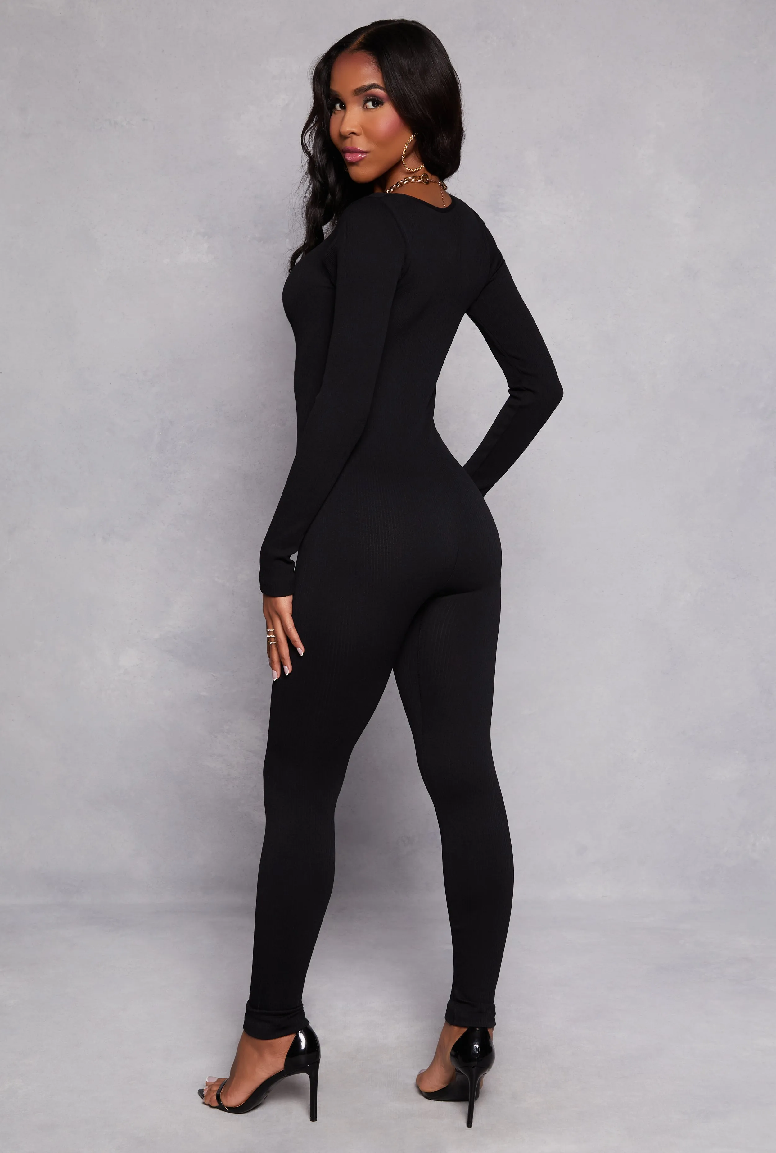 Ribbed Knit Notch Neck Long Sleeve Catsuit sold by Rainbow product image thumbnail 3