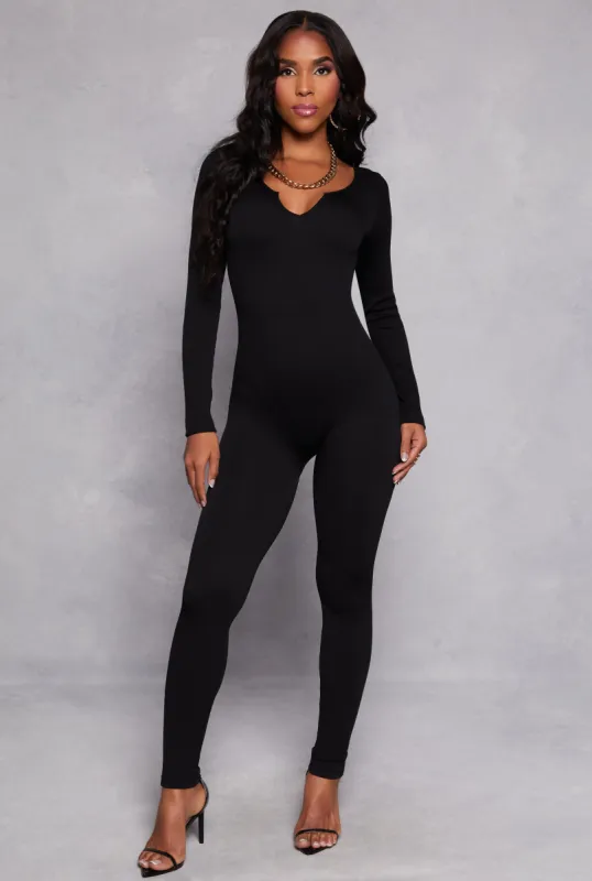 Ribbed Knit Notch Neck Long Sleeve Catsuit sold by Rainbow
