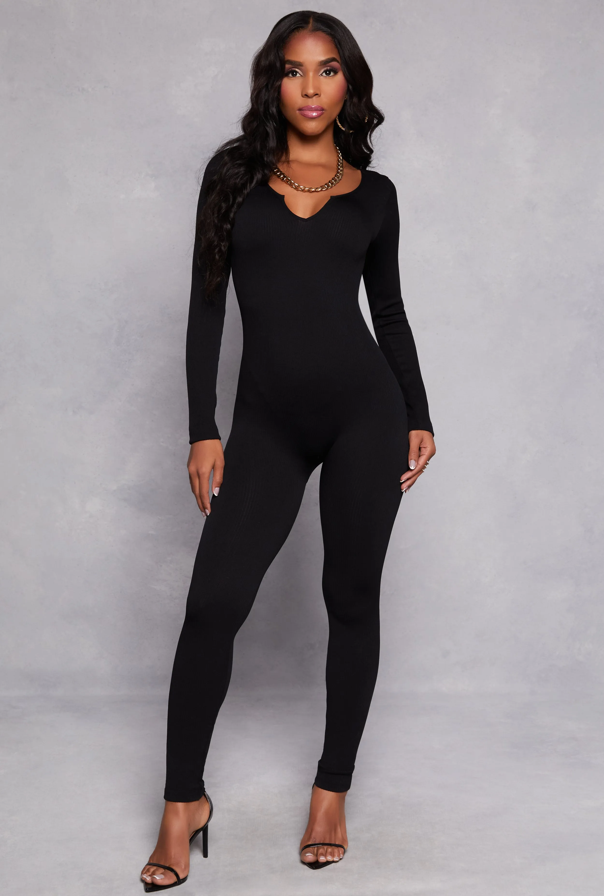 Ribbed Knit Notch Neck Long Sleeve Catsuit sold by Rainbow