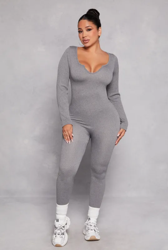 Ribbed Knit Notch Neck Long Sleeve Catsuit sold by Rainbow