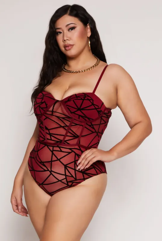 Plus Size Velvet Burnout Patterned Bustier Bodysuit sold by Rainbow