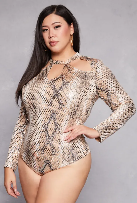Plus Size Animal Print Foiled Cut Out Bodysuit sold by Rainbow