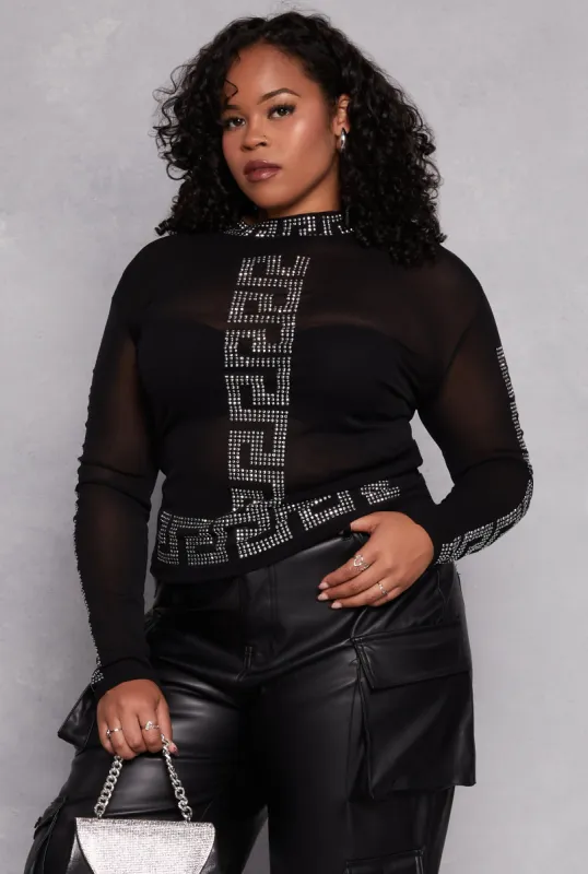Plus Size Mesh Studded Greek Key Top sold by Rainbow