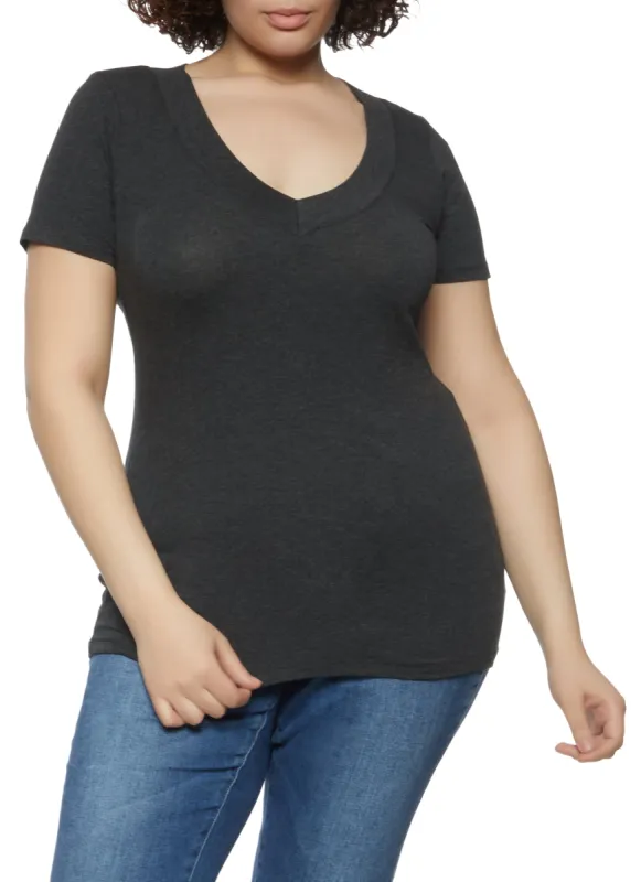 Plus Size Solid Basic V Neck Tee sold by Rainbow