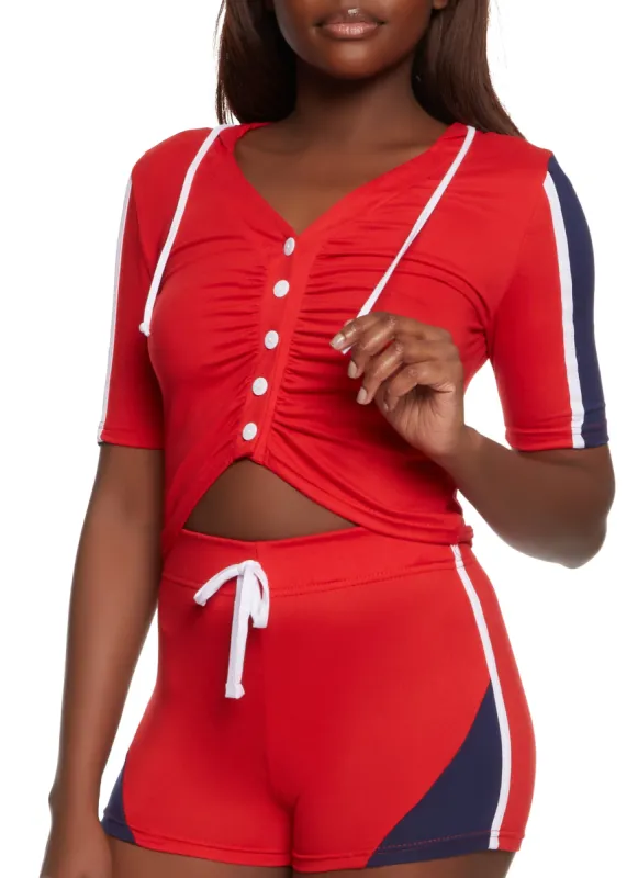 Button Front Ruched Hooded Crop Top sold by Rainbow