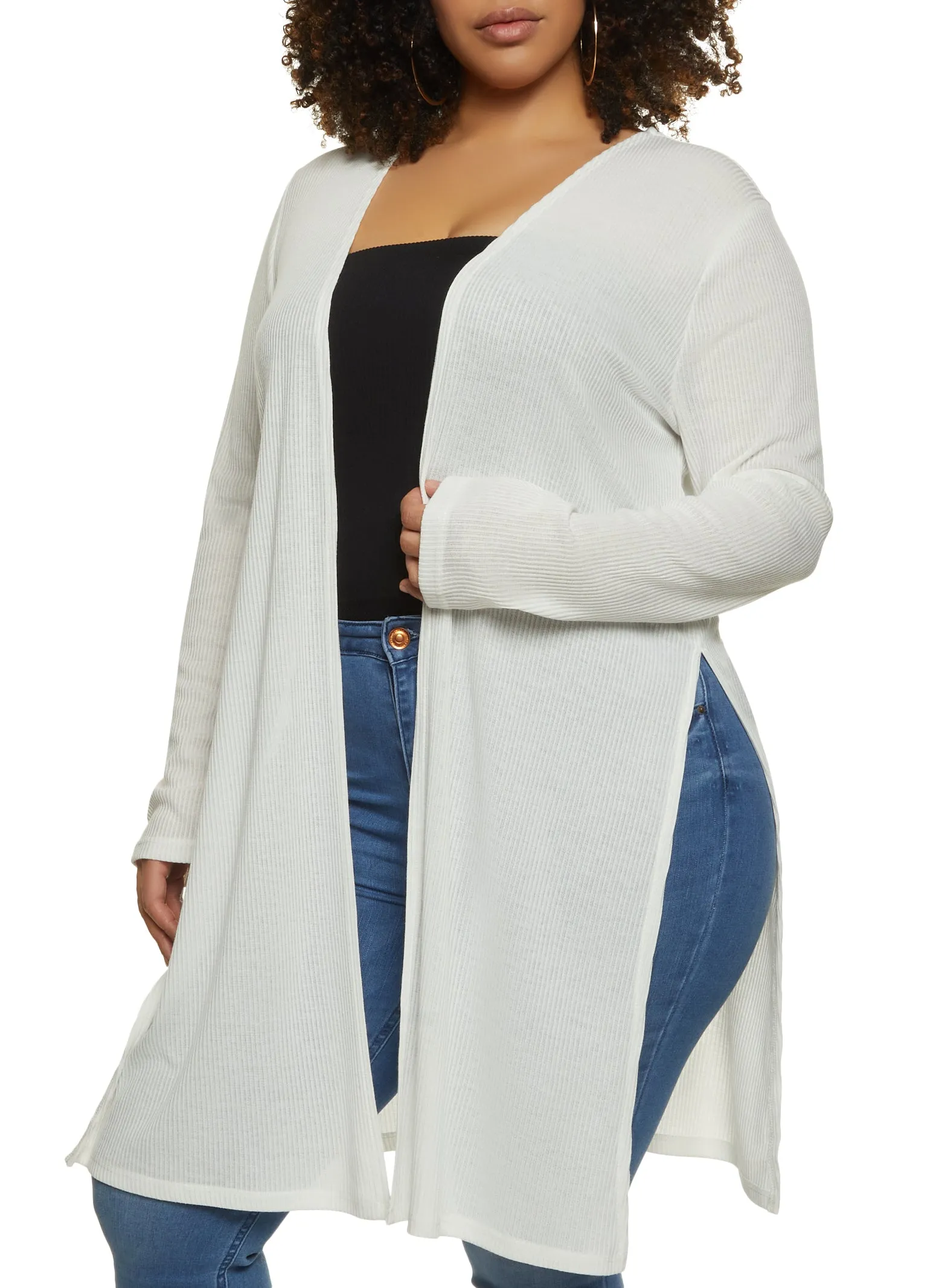 Plus Size Ribbed Knit Side Slit Long Cardigan sold by Rainbow