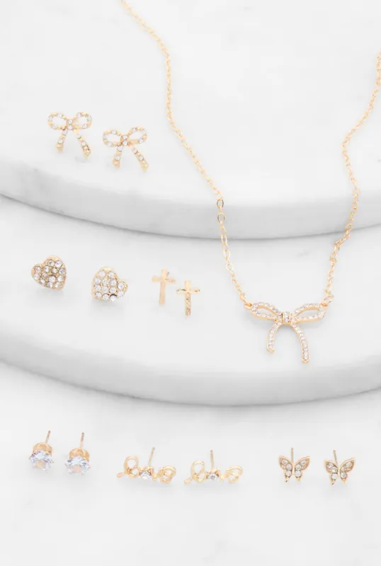 Cubic Zirconia Bow Necklace and Assorted Stud Earrings sold by Rainbow