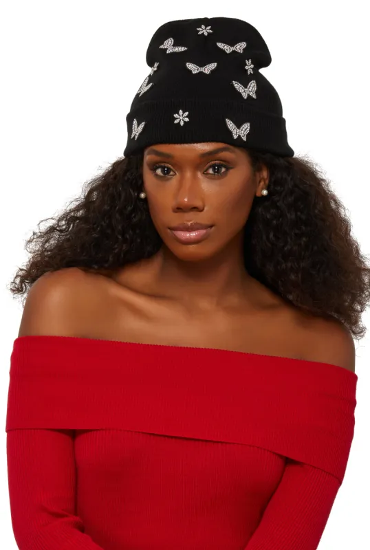 Rhinestone Butterfly Studded Beanie sold by Rainbow