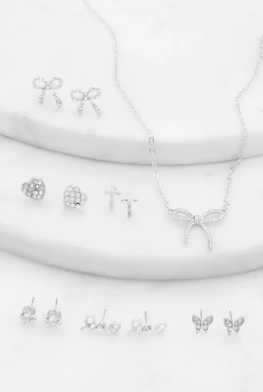 Cubic Zirconia Bow Necklace and Assorted Stud Earrings sold by Rainbow