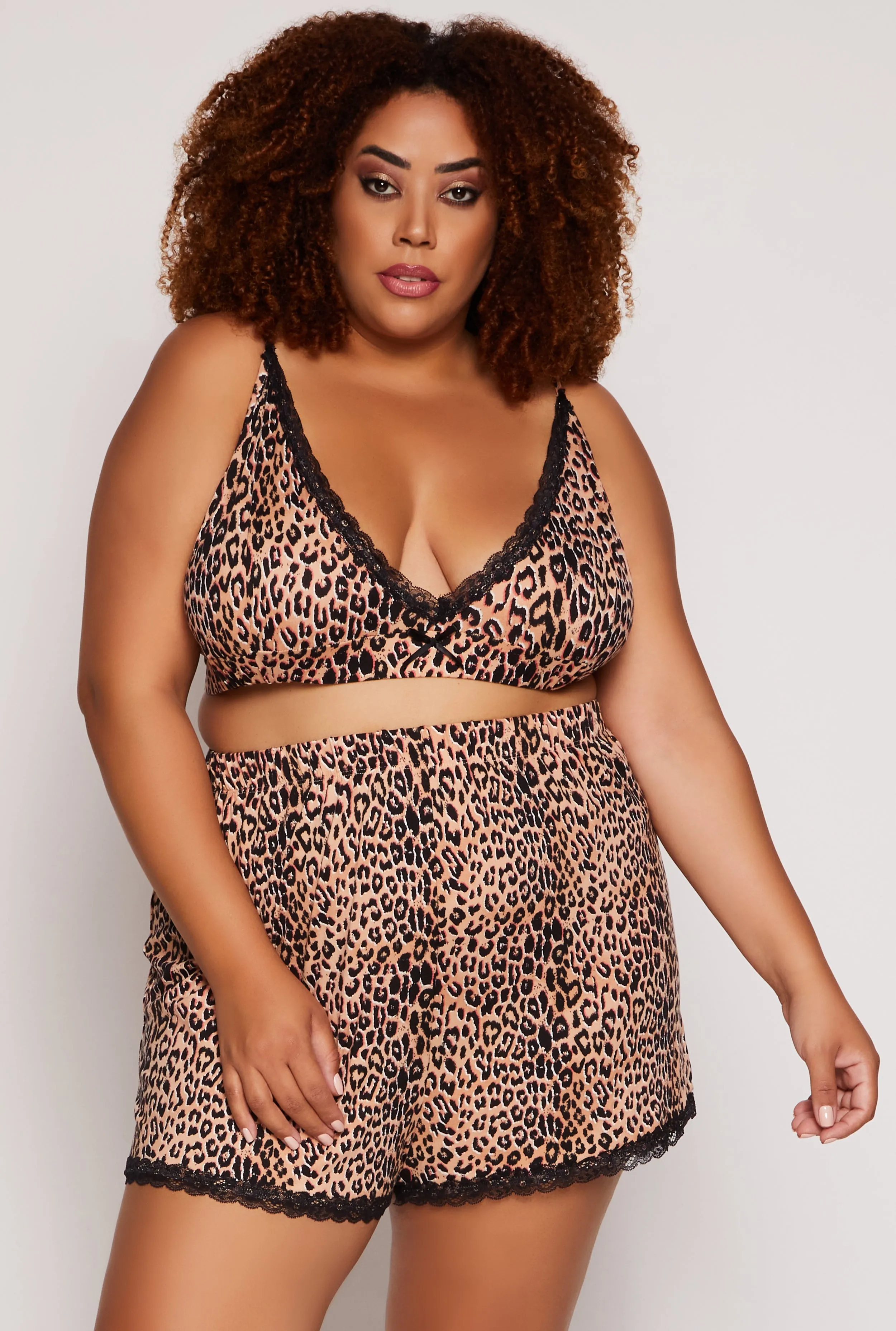 Plus Size Leopard Print Pajama Bralette and Shorts with Robe sold by Rainbow product image thumbnail 3