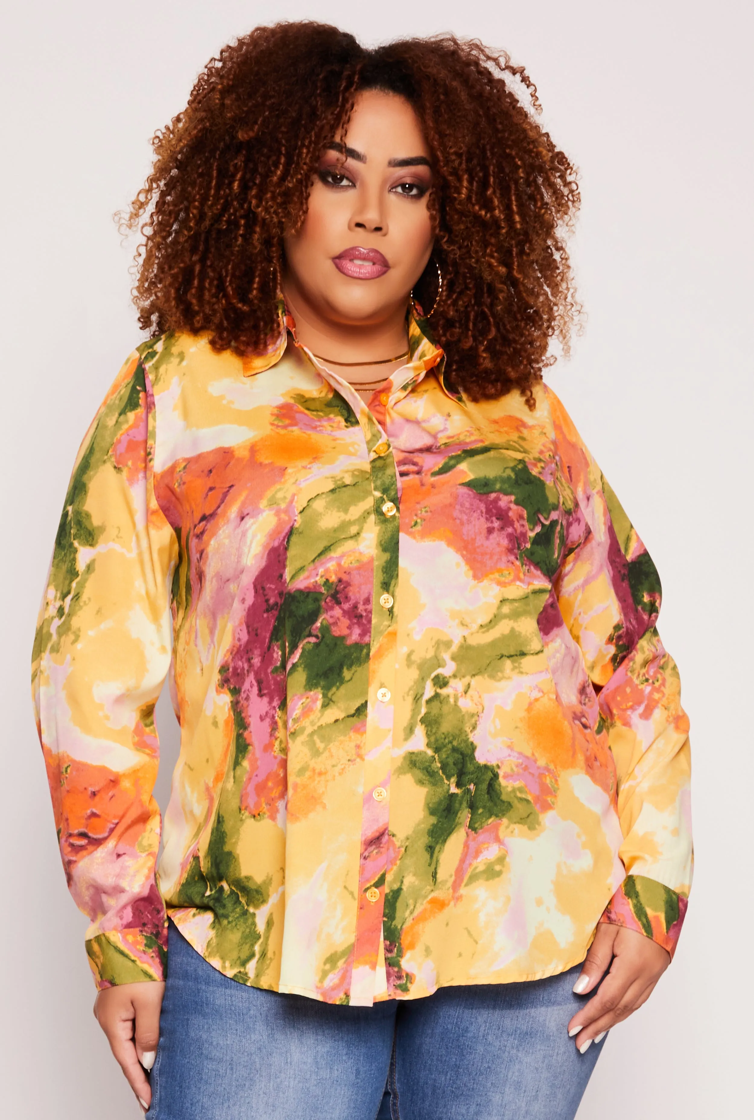 Plus Size Marble Print Collared Button Front Shirt sold by Rainbow