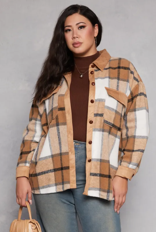 Plus Size Spoon Jeans Faux Suede Trim Plaid Shacket sold by Rainbow