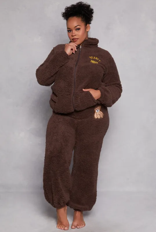 Plus Size Bearly Awake Sherpa Zip Pajama Top and Pants sold by Rainbow
