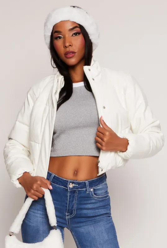 Faux Patent Leather Cropped Puffer Jacket sold by Rainbow
