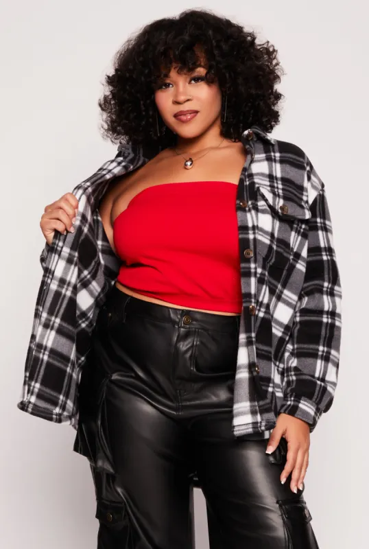 Plus Size Plaid Fleece Button Front Shacket sold by Rainbow