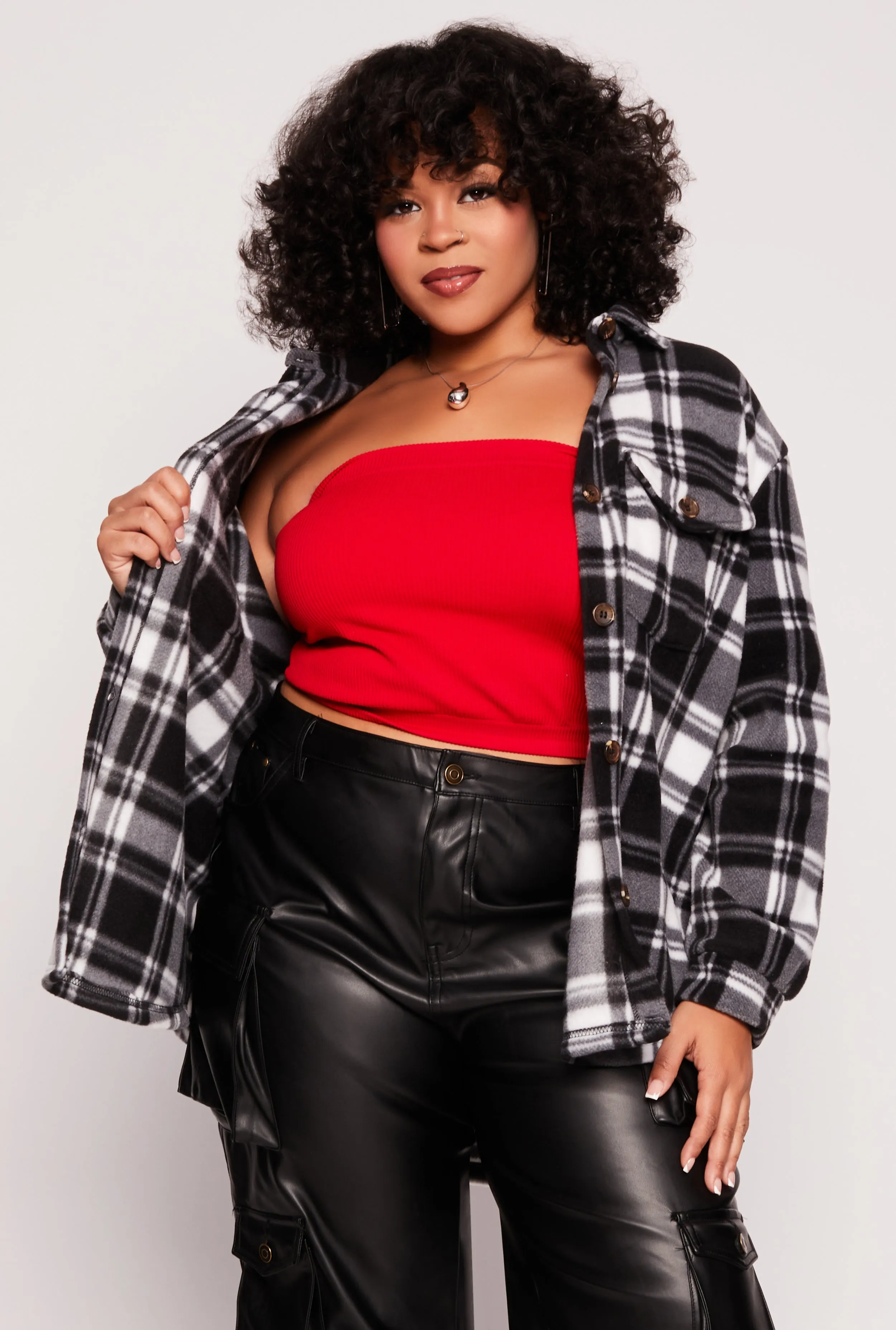 Plus Size Plaid Fleece Button Front Shacket sold by Rainbow