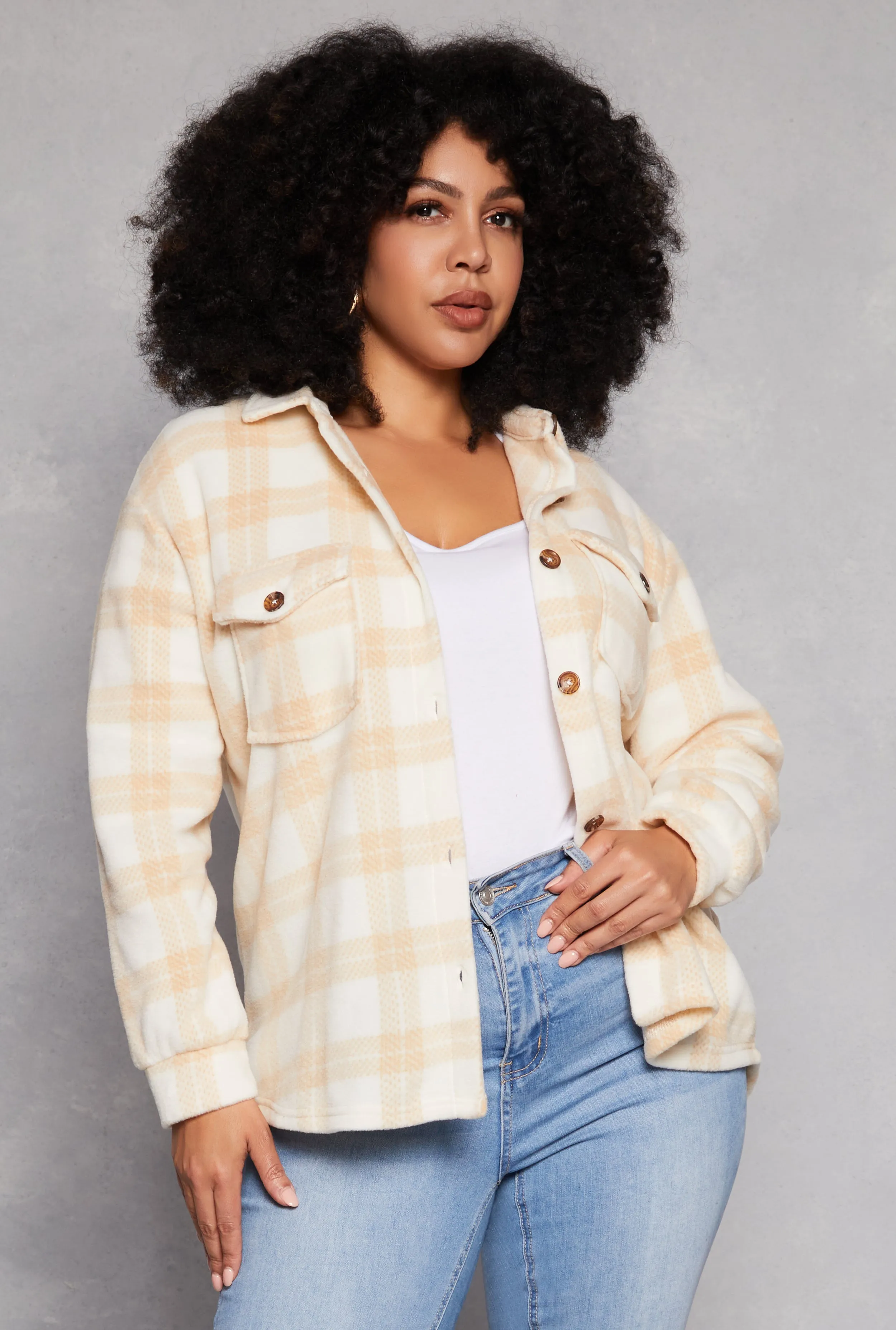 Plus Size Plaid Fleece Button Front Shacket sold by Rainbow