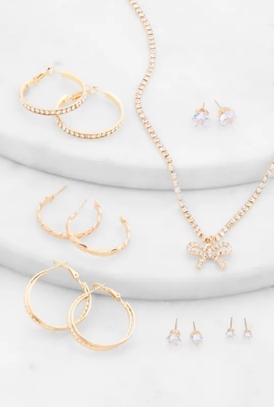 Cubic Zirconia Bow Necklace with Hoop and Stud Earrings sold by Rainbow