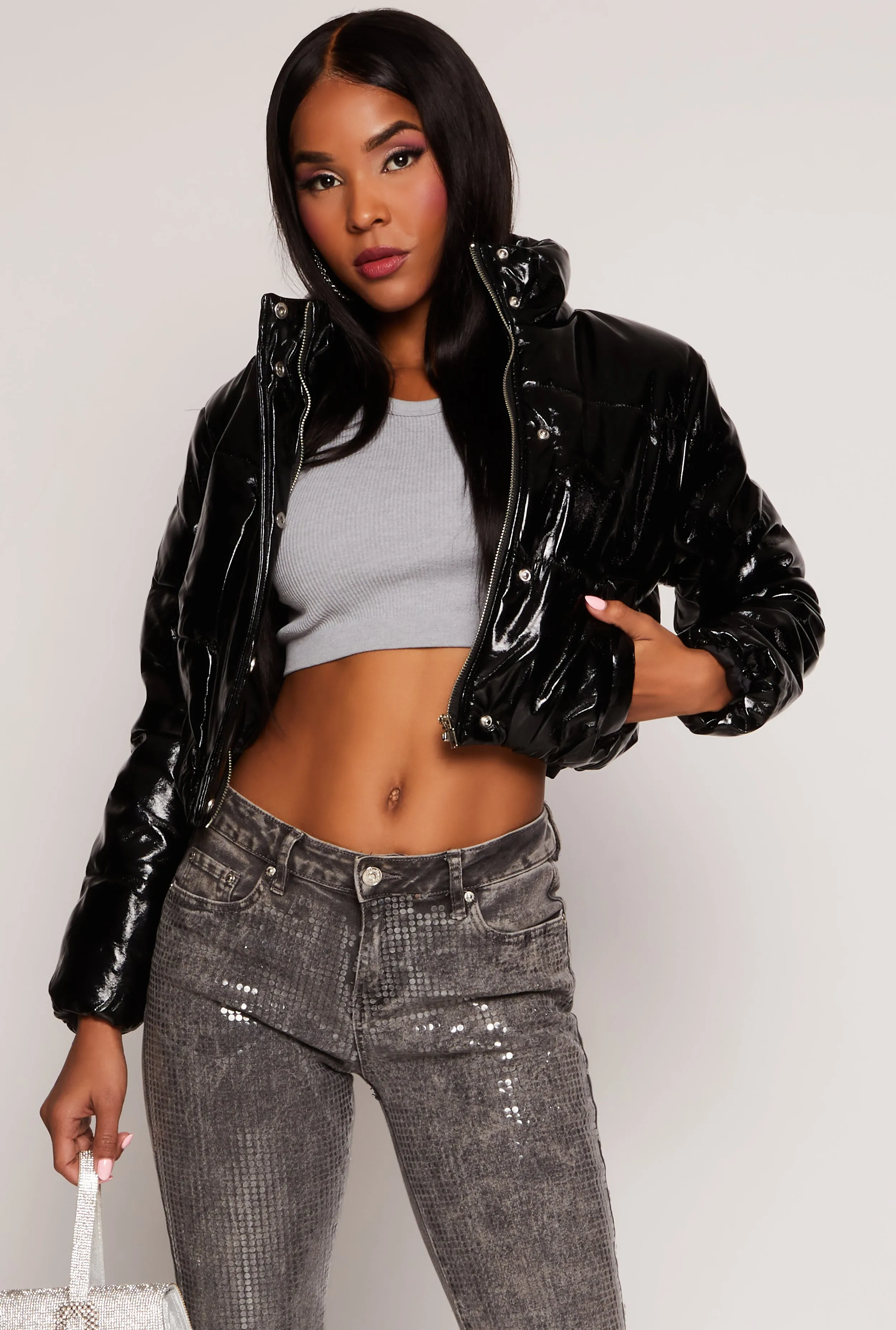 Faux Patent Leather Cropped Puffer Jacket sold by Rainbow