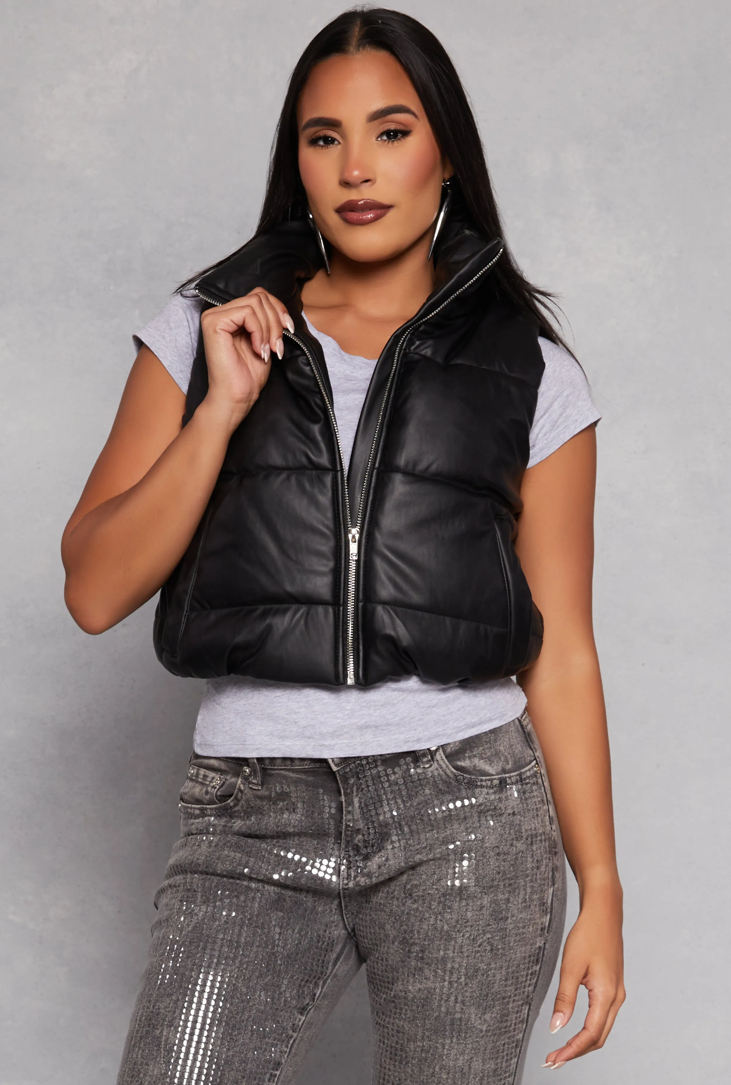 Faux Leather Cropped Puffer Vest sold by Rainbow