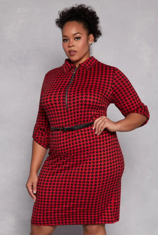 Plus Size Houndstooth Half Zip Midi Dress sold by Rainbow