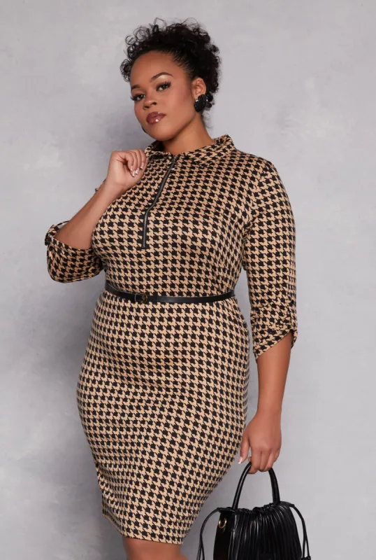 Plus Size Houndstooth Half Zip Midi Dress sold by Rainbow