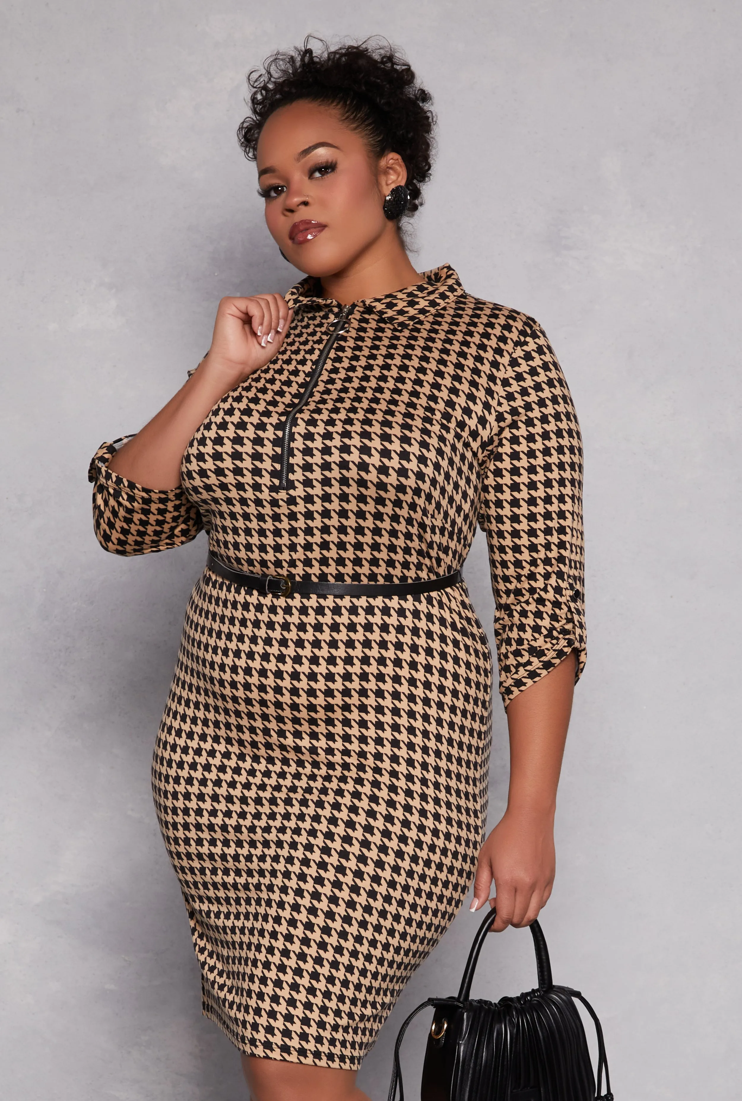 Plus Size Houndstooth Half Zip Midi Dress sold by Rainbow