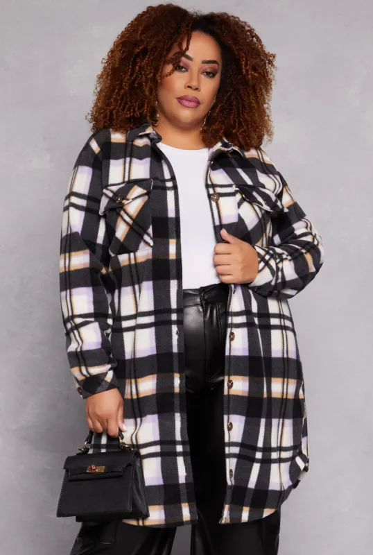 Plus Size Plaid Fleece Long Shacket sold by Rainbow
